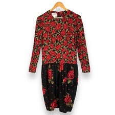 Vintage 80s Floral Dress Roses Dropped Waist Long Sleeve Modest Black Red Retro