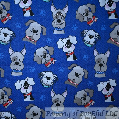 BonEful Fabric FQ Cotton Quilt Blue Black White Gray B&W Puppy Dog Kid Unisex UK