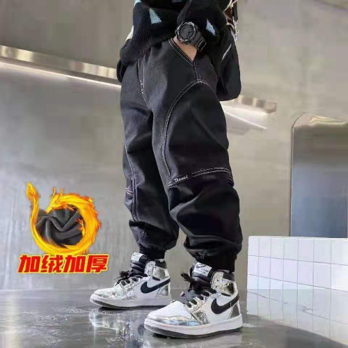 jeans plus velvet thickening children's warm casual denim trousers for boys aged-image
