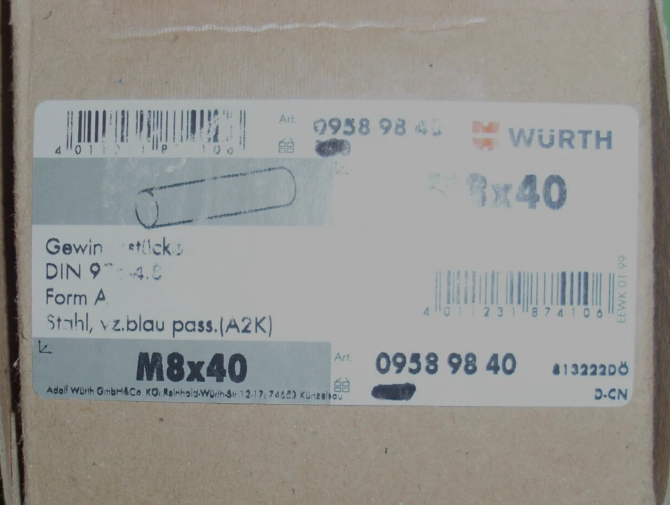 WÜRTH 87 Stück Gewindestücke Stahl,vz.blau pass. (A2K) M8x40 - Bild 3 von 3