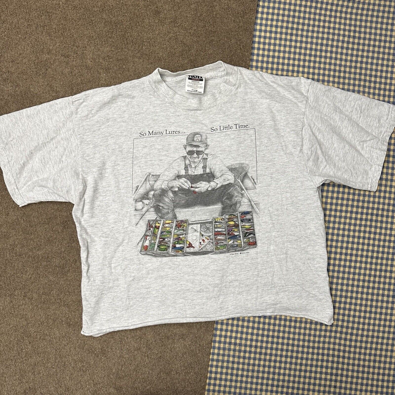Vtg y2k XL Cropped Heather Grey Fishing T Shirt S… - image 3
