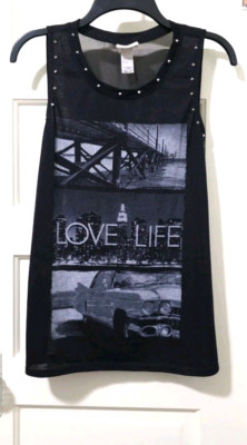 FLASH SALE! Women Self Esteem THIN Tank Top Shirt M Black Gray Studded LOVE LIFE
