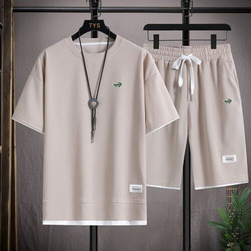 Men's Two Piece Set Linen Fabric Casual T-Shirt and Mens Sports Suit Fashion - Afbeelding 1 van 19