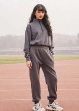 Ladies Zipped Mock Neck Fleece Sweatshirt Dark Grey