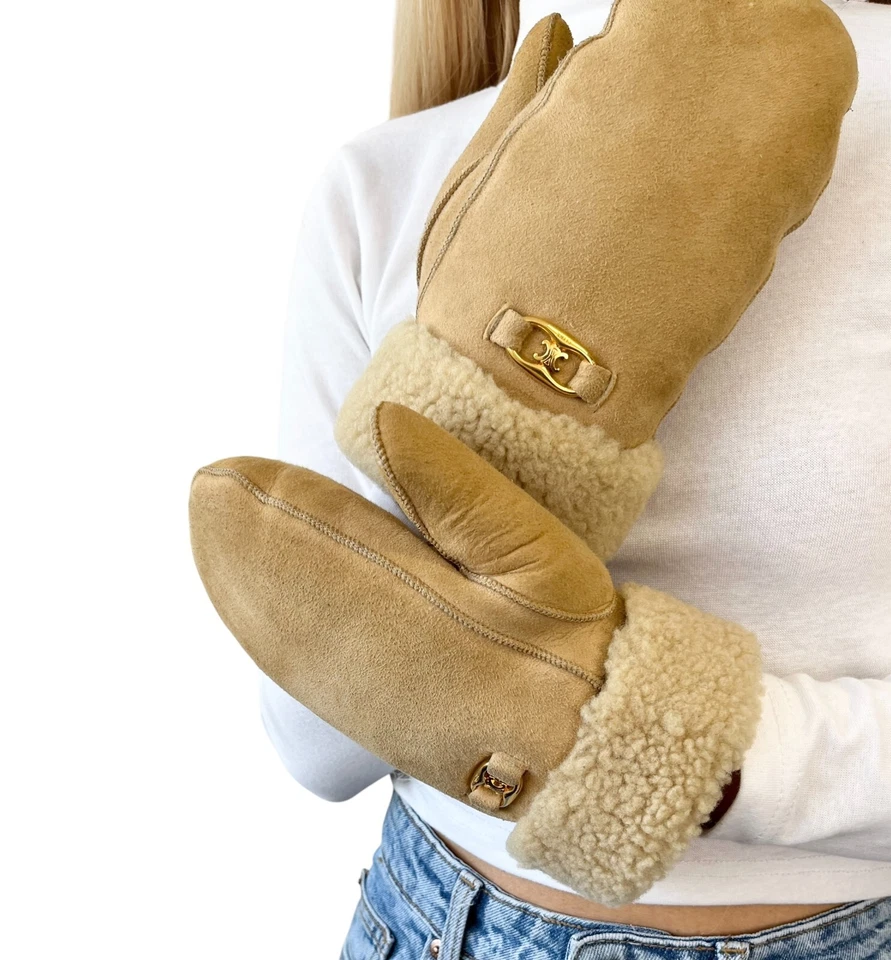 Guantes CELINE Vintage Macadam Logo Mouton Mitones Beige Dorado Cuero Foto 3 de 4