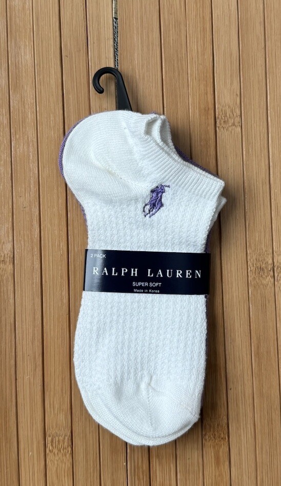 PONY Calze donna Lauren Ralph Lauren bianche e viola no show super morbide 2 pezzi nuove