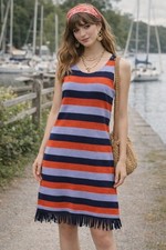 Tory Burch Arianna Sleeveles Striped Fringe Body Dress Multi Colored Cotton Sz M