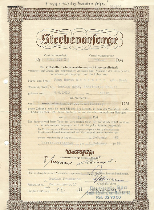 1956 GERMAN STERBEURKUNDE RASSMANN DEATH CERT. DOCUMENT FRIEDENAU BERLIN GERMANY