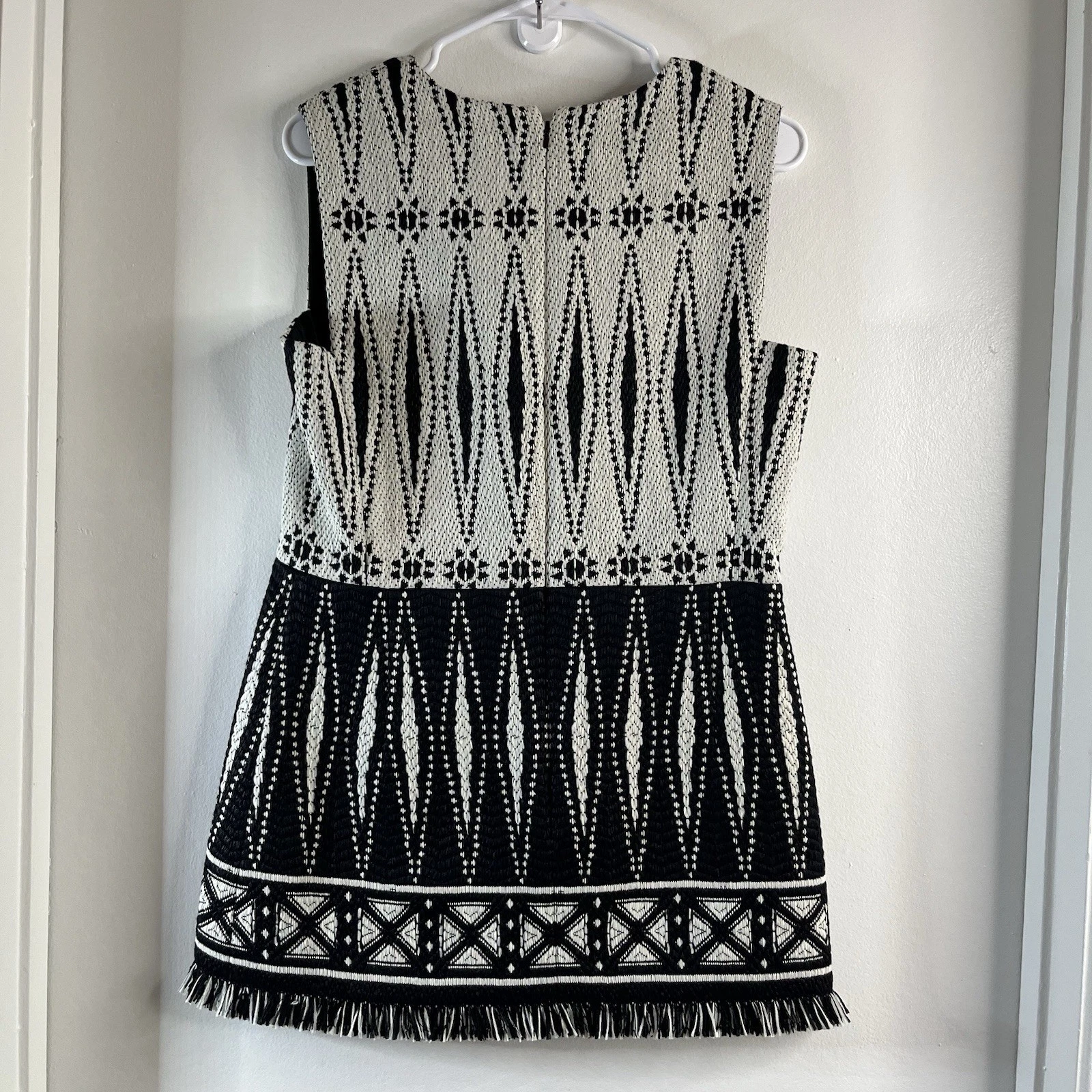 Mini abito tunica Tory Burch Runway Savora tweed jacquard tessuto frange gemma taglia 2