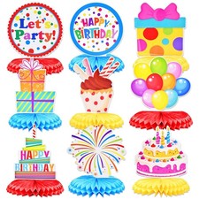 9 Pieces Birthday Honeycomb Centerpieces Table Decor, Colorful Cake Balloon G...