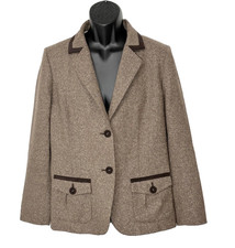 PENDLETON BROWN TWEED BLAZER JACKET, WOOL  SILK , FAUX SUEDE TRIM, WOMEN'S 16