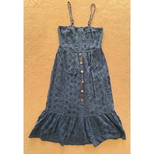 Dress Nado Blue Eyelet Button Front Midi Dress Women Size L Cotton