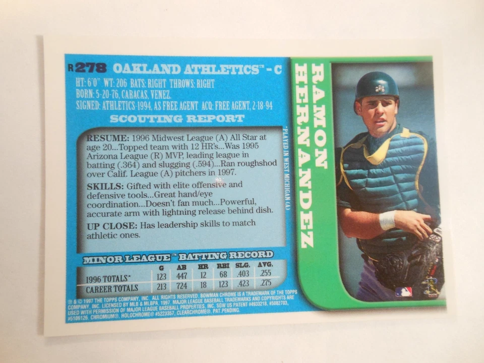Bowman Chrome 1997 - Ramón Hernández #278 Rookie RC Refractor Foto 4 de 4