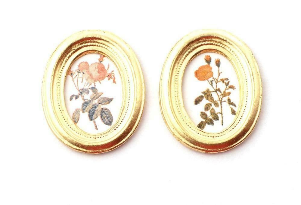 Dolls House 2 Flower Pictures Paintings in Oval Gold Frames Miniature Accessory