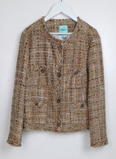 New Tweed Boucle Ladies Jacket Brown Beige Plaid Fancy Buttons Fall Blazer