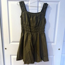 Uniqlo Babydoll Cinched Khaki Green Cotton Mini Dress w Pockets Size Small 
