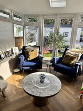 West elm Mid Century Blue Armchair With Gold Metal Legs