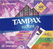 Tampax Radiant Tampons Trio Pack 28 Regular/Super/Super Plus Absorbency