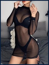 See Through Transparent Hollow Out Dress Women Mock Neck Sexy Bodycon Club