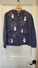 Croft Barrow Blue Snowman Snowflake Full Zip Cardigan Sweater Vintage Women's