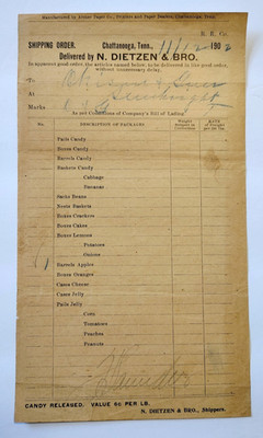 1902 N. Dietzen & Bro. Shippers Billhead Receipt Chattanooga, Tennessee