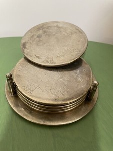 VTG Silver Plated NOEL Set Of 5 Drink Coasters & Caddy Christmas Tree Hong Kong