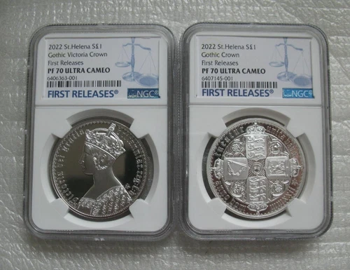 UK Gothic Crown Wyon Design St.Helena Pound 2022 Silver Proof Two Coins NGC PF70