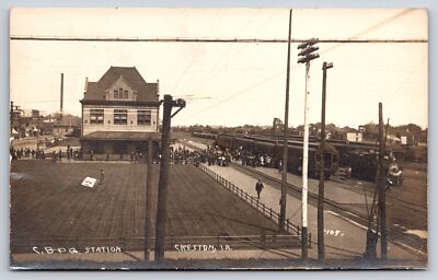 Creston IA Crowd Boards Chicago Burlington & Quincy Railroad Train @ Depot~RPPC
