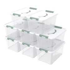 Idotry 8-Packs Stackable Tote Green Latches Box Plastic Storage Containers Bin