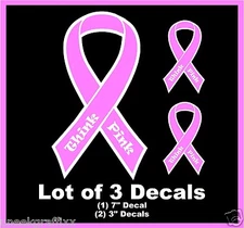 Lot of 3 Breast Cancer Awareness Think Pink Ribbon Decal Stickers Car Van