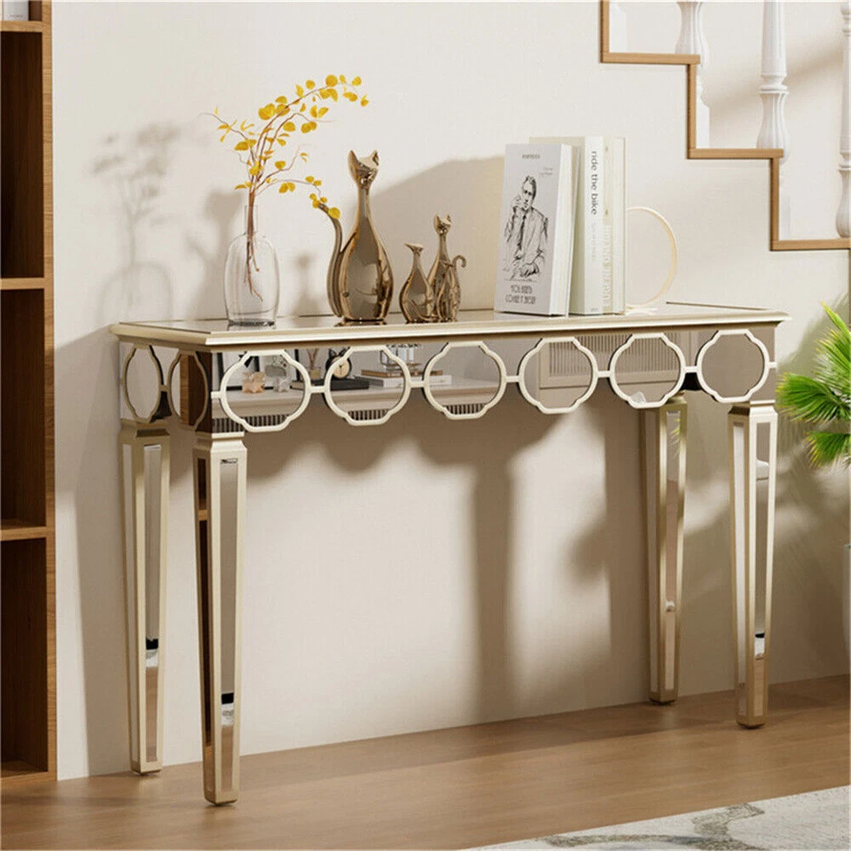 FATIVO Glass Mirrored Console Table Gold Trim Side Bar Table Living Room Hallway - Image 3 of 4