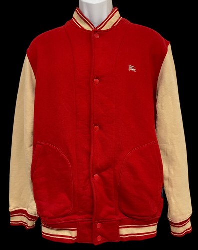 Burberry Blue Label, Burberry Blue Label Mens Varsity Jacket Red Beige Snap Embr Logo Fleece M/L