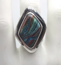 Vintage Sterling Silver Green Blue Brown Earth Statement Unique Ring Size 6.5
