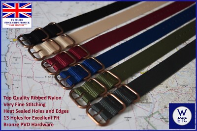 BRONZE PVD Single Pass 3-Ring ZULU Nylon Watch Strap, 13 Holes,  20/22mm UK