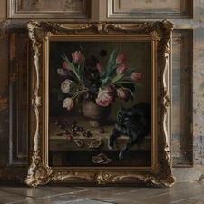 Black Cat Floral Dark Still Life | Cherries Baroque | Museum Fine Art Print