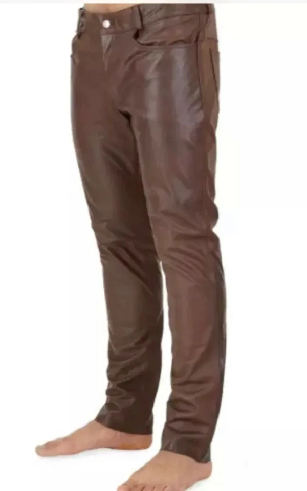 Calça jeans masculina motociclista marrom real ou couro de vaca elegante e sexy estilo 501 nova - Imagem 3 de 4