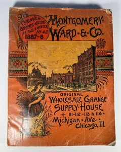 Vintage 1887 Montgomery Ward catalog cover with ornate red and yellow floral border, ordering book, and “Wholesale Goods” text.