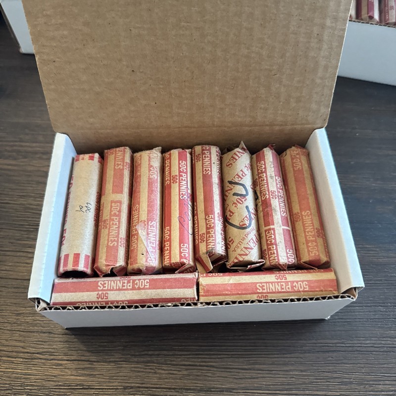 Lot of 20 Rolls - Pre-1982 Copper Penny Rolls 6.5+ Lbs of Copper Storage Box - 8