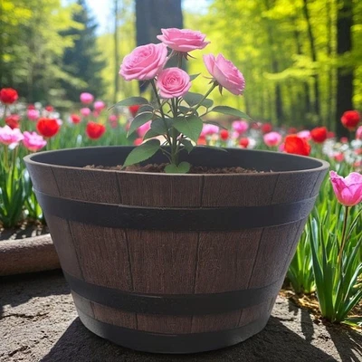 DIVAS WORLD Heavy Duty Barrel Planter 55 cm Dark Wood Effect Plastic Garden Tub Pot 50L