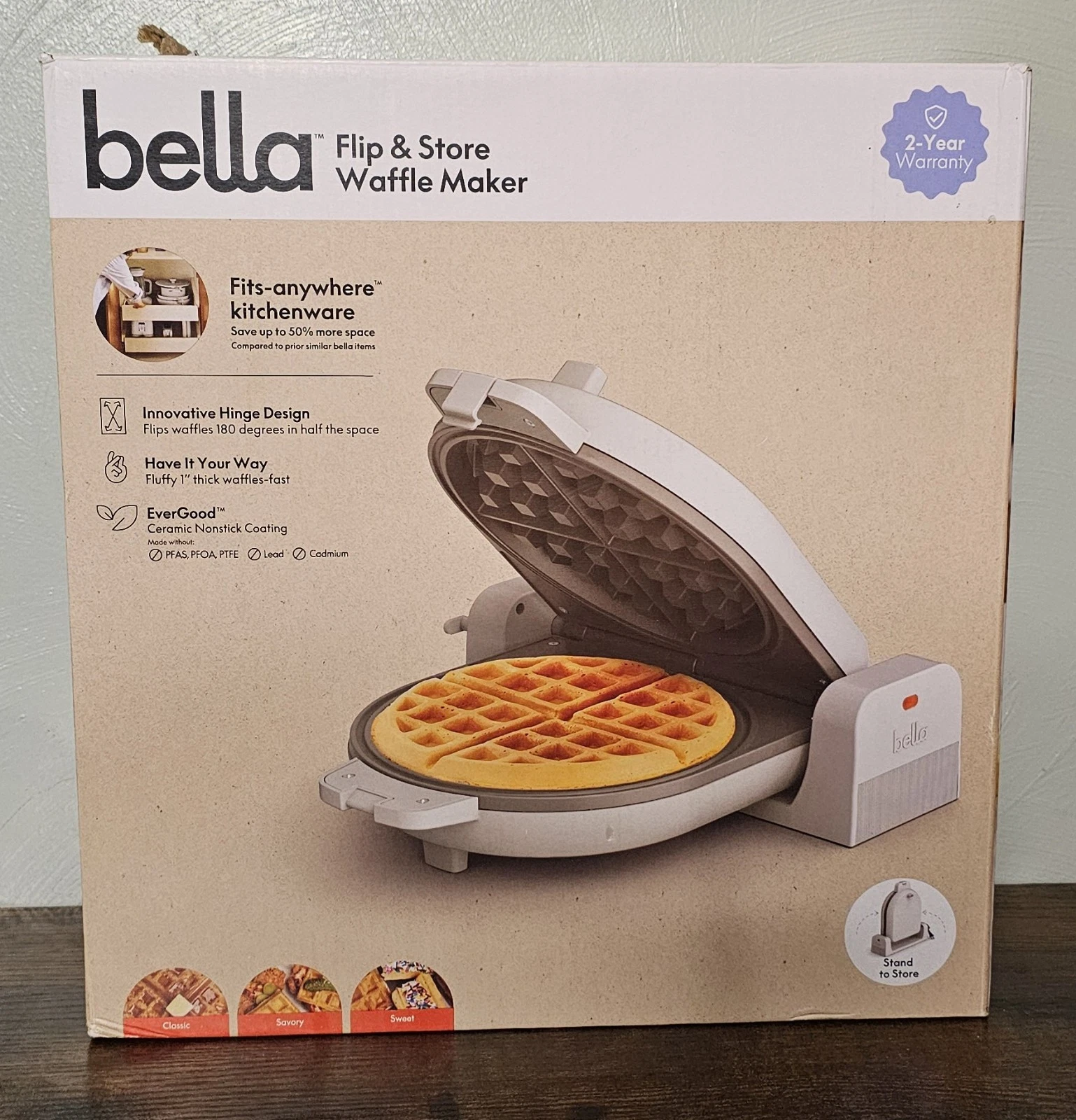 Bella Flip-N-Store Ceramic Nonstick Waffle Maker with EverGood Coating New