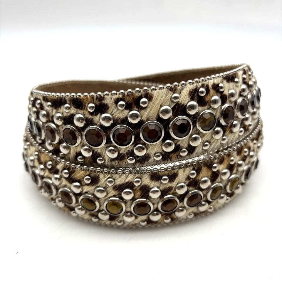 Cinturón Tachonado Vintage Años 00 Y2K Beige Estampado Leopardo Pecerro Marrón Estrás L 32" Foto 3 de 4