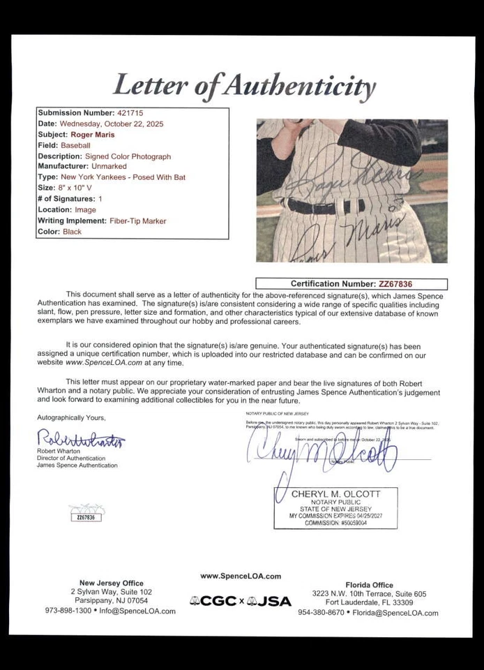 Roger Maris JSA Loa Signed 8x10 Photo Autograph - Image 2 of 2