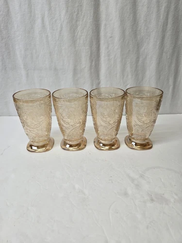 4 Jeannette Louisa Floragold 5” Glass Tumblers Marigold Iridescent Orange MCM