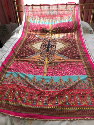 BUNTER PAKISTANISCHER PUNJAJI DUPPATA SCHAL TUCH PASHMINA MIT SPIEGELARBEIT.
