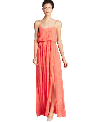 Needle & Thread ~ Coral orange Beaded Blouson Front Slits Formal Gown 2 NEW $350