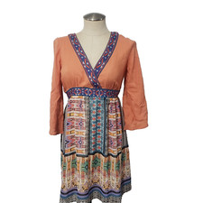 Flying Tomato Orange Multicolor Dress Tunic Boho  3/4 Sleeve Lined S
