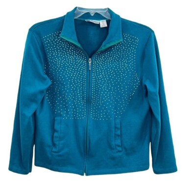 Cm Studio Rhinestone Knit Jacket Womens M Full Zip Collar Pockets Blue