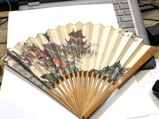 Vintage HAND fan HANGZHOU LINGYIN WOOD AND PAPER