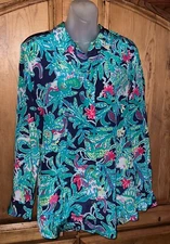 LILLY PULITZER Blue Silk Isla Trunk Show Button Up long Sleeve Top Size M