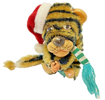 Vintage Rare Christmas Tiger Mini Plush Pencil Finger Topper Santa Hat Scarf 3''